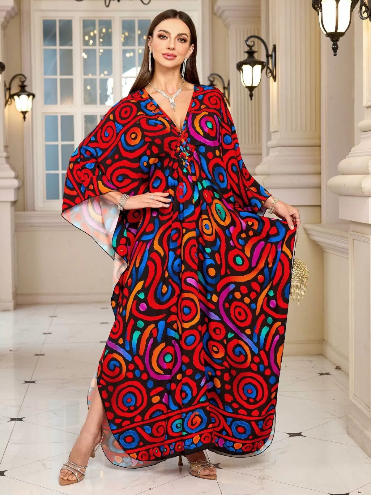 Floral Bohemian Deep V Neck Batwing Kaftan Dress for Beach Vacation Holiday