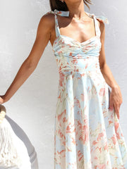 Floral Elegant Holiday Bow Suspender A-line Dress