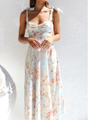 Floral Elegant Holiday Bow Suspender A-line Dress