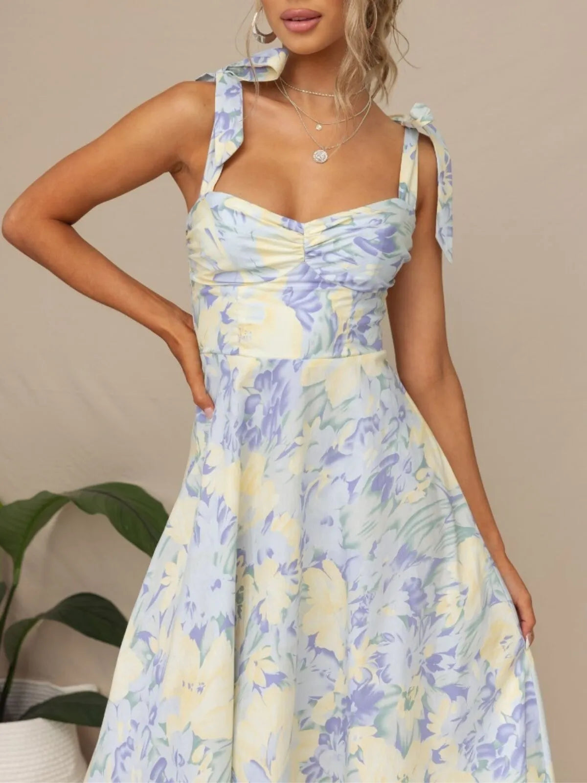 Floral Elegant Holiday Bow Suspender A-line Dress
