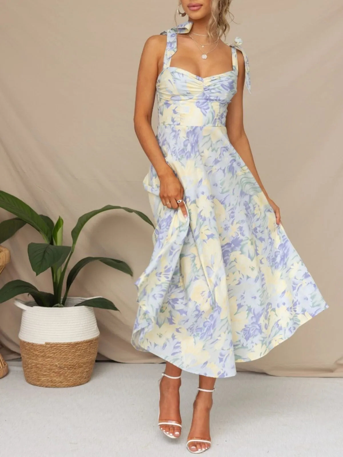 Floral Elegant Holiday Bow Suspender A-line Dress