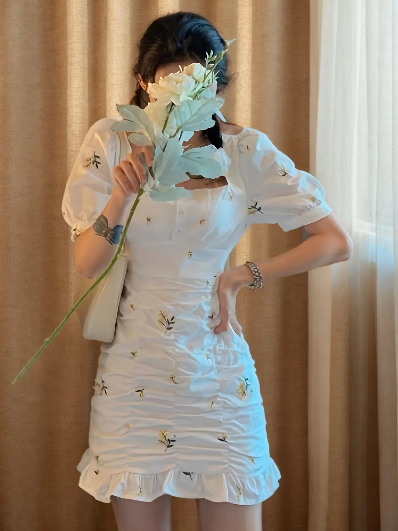 Floral Elegant Ruched Square Neck Puff A-line Dress