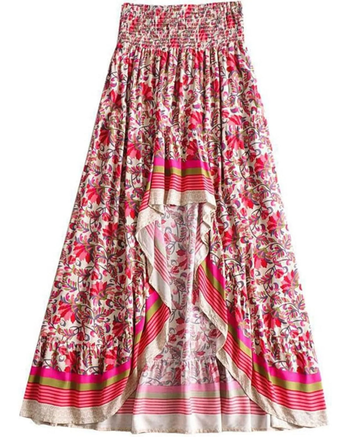 Spring Boho Floral Split Ruffle High Low Beach Maxi Skirt