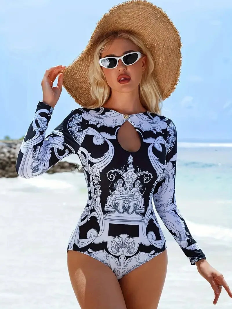 Baroque Print Hollow Out One-piece 