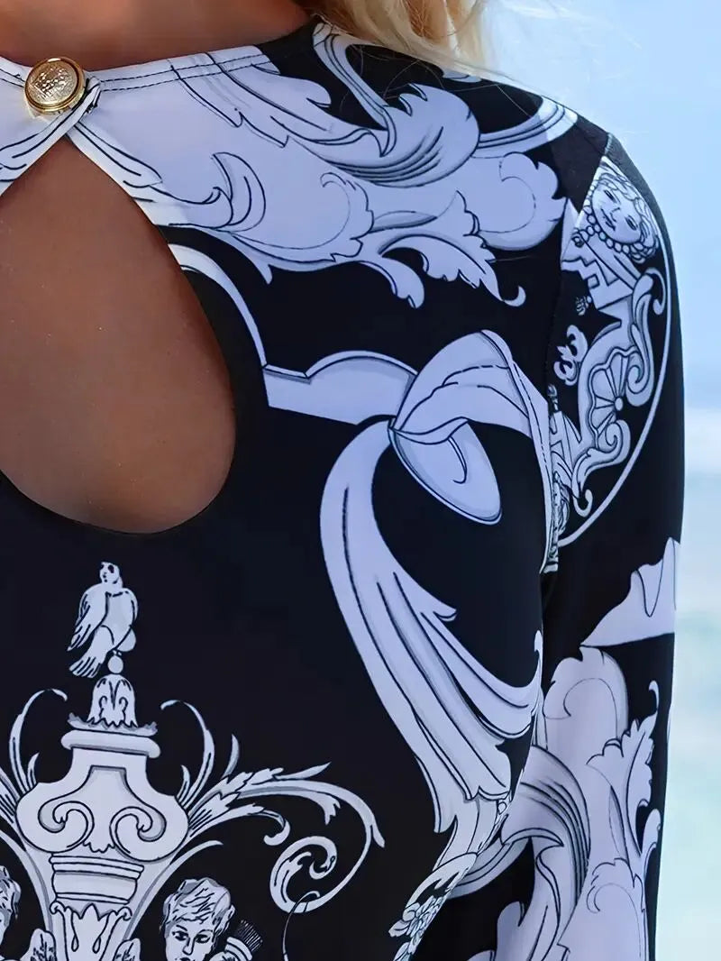 Baroque Print Hollow Out One-piece 