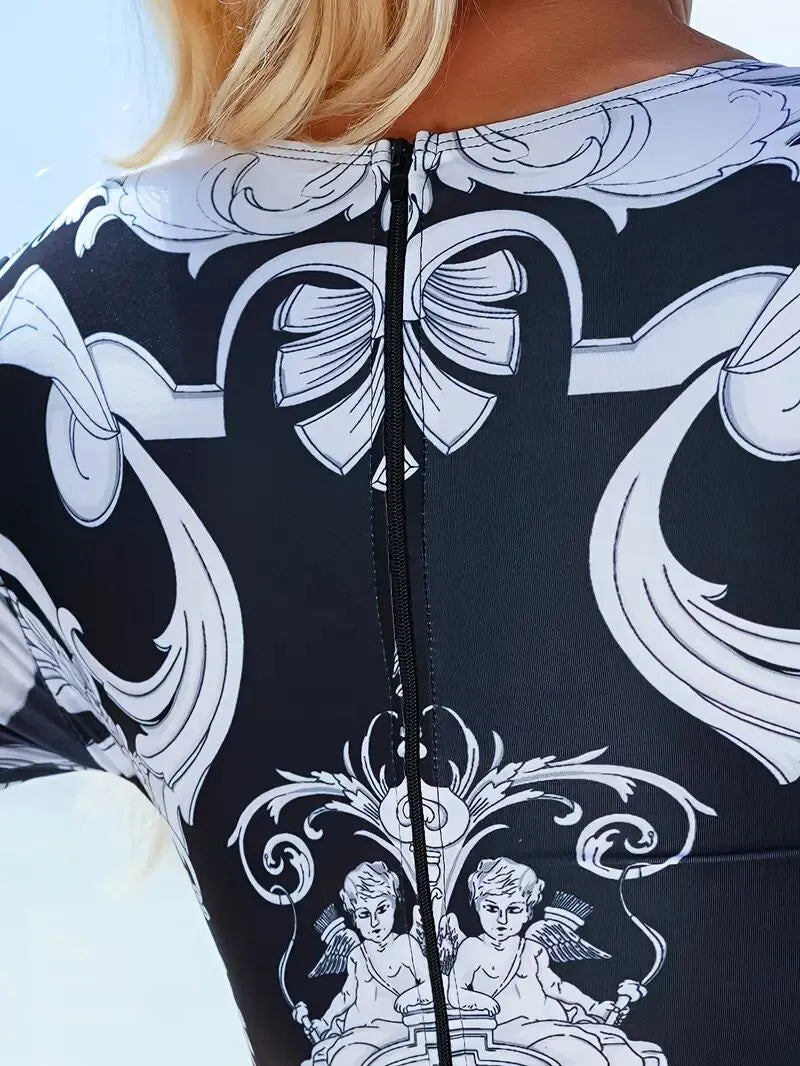 Baroque Print Hollow Out One-piece 