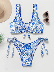 Floral Lace-up High Rise V-neck Bikini
