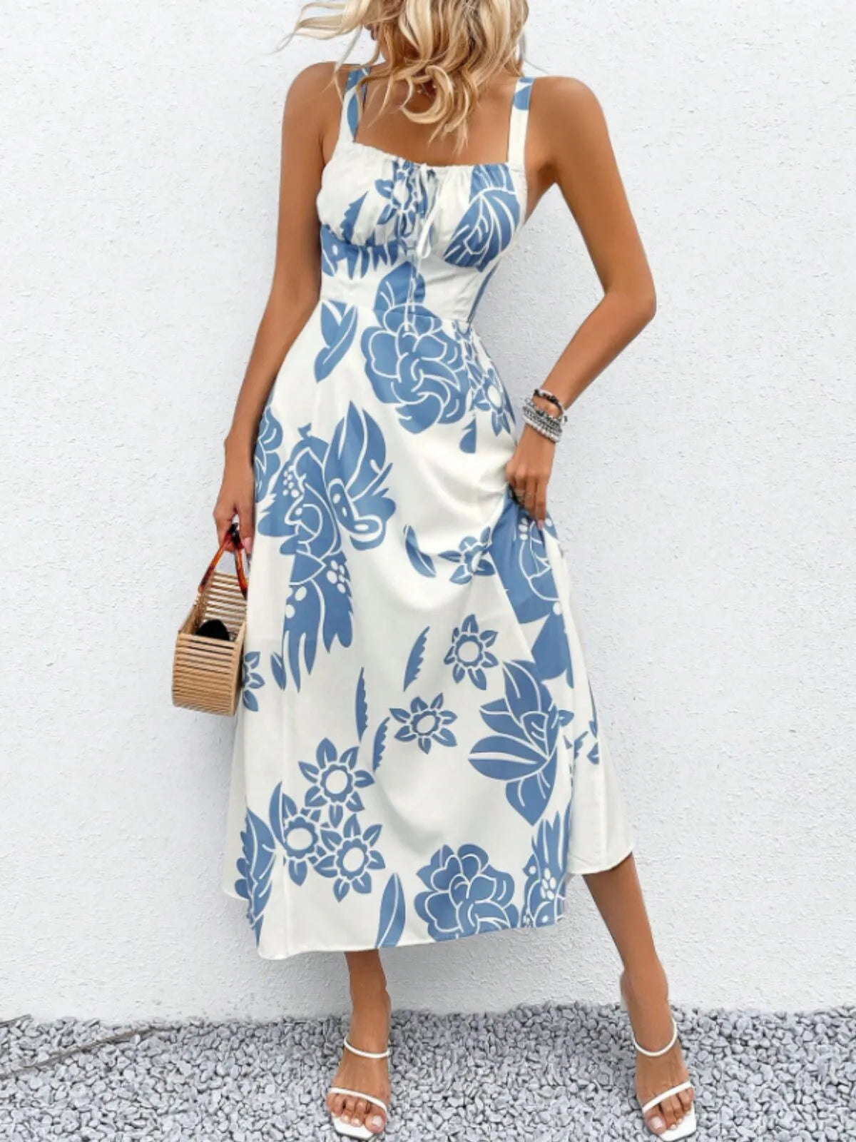Floral Lace-up Spaghetti Strap A-line Dress
