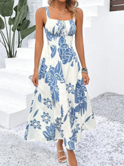 Floral Lace-up Spaghetti Strap A-line Dress