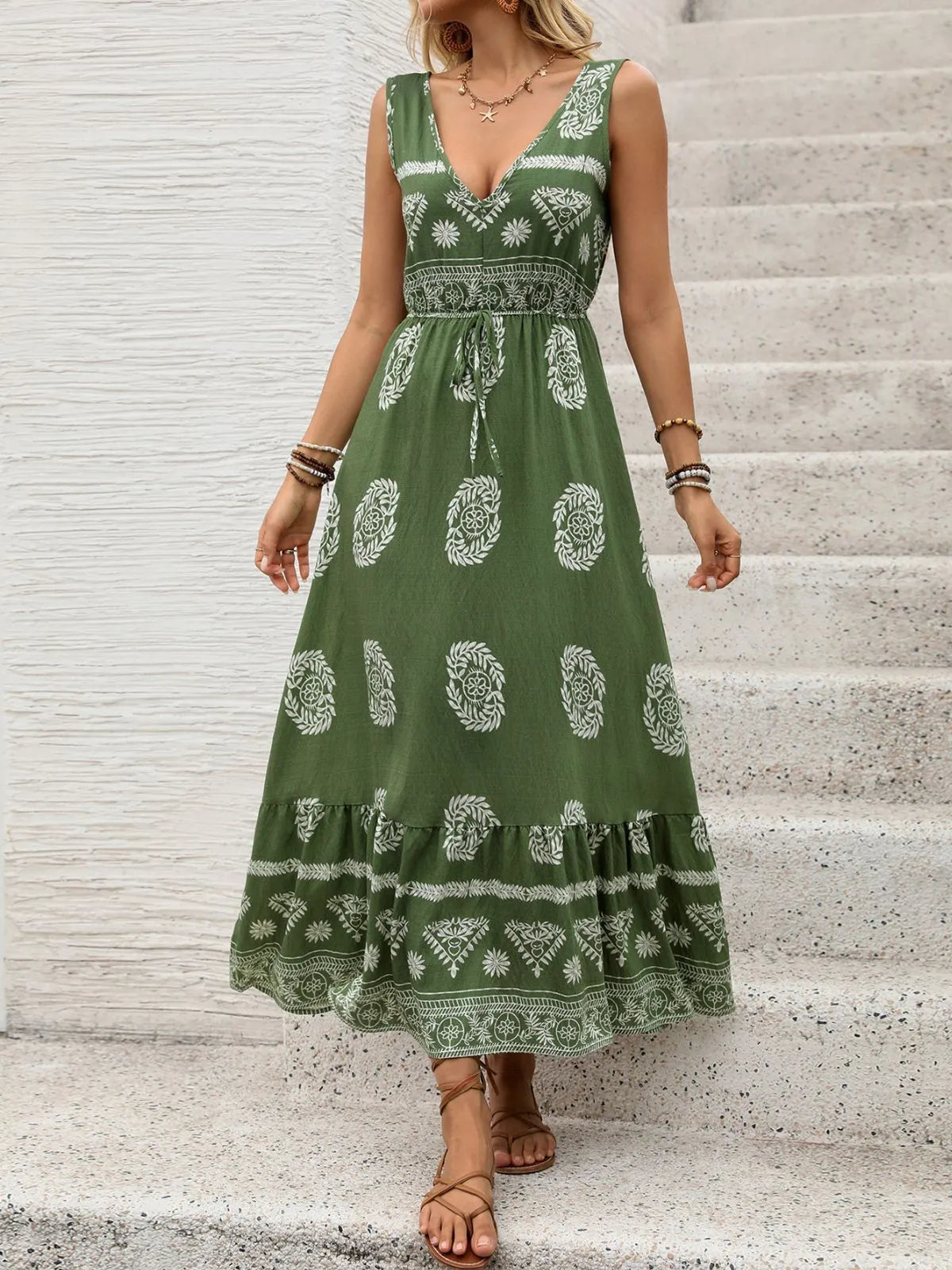 Floral Elegant Lace-up Spaghetti Strap A-line Dress