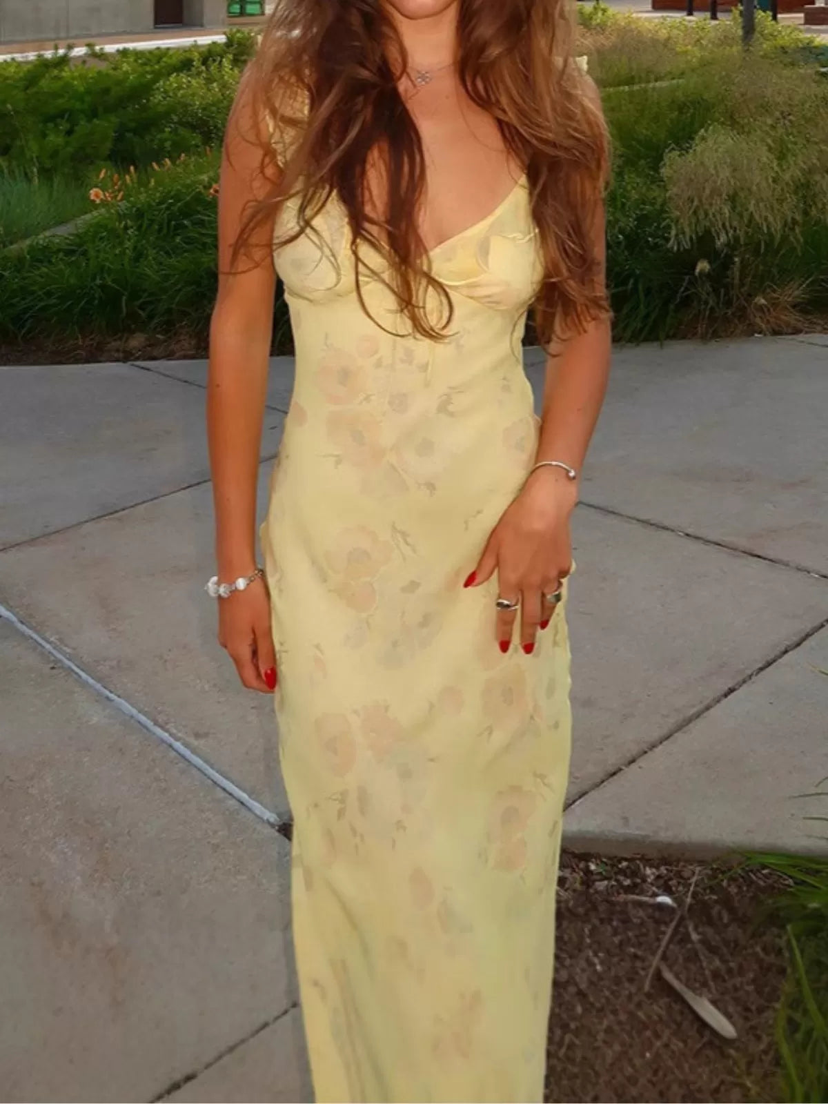 Floral Lace-up V-neck Ruffle Wide strap Bodycon Long Dress