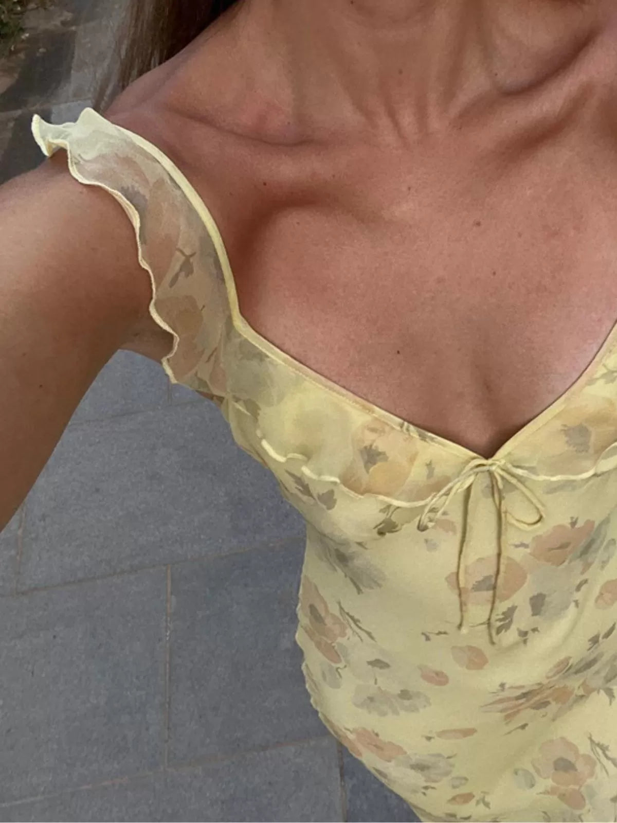 Floral Lace-up V-neck Ruffle Wide strap Bodycon Long Dress