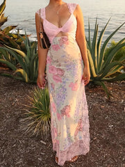Ditsy Floral Lace V-neck A-line Dress, Sundresses, for Beach Holiday Vacation