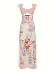 Ditsy Floral Lace V-neck A-line Dress, Sundresses, for Beach Holiday Vacation