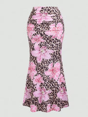Floral Pattern Medium Rise Elastic Waist Maxi Skirt