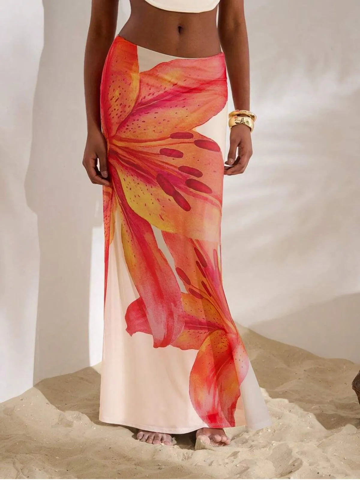 Floral Mesh Printed Low Waisted Bodycon Mermaid Hem Women Skirt