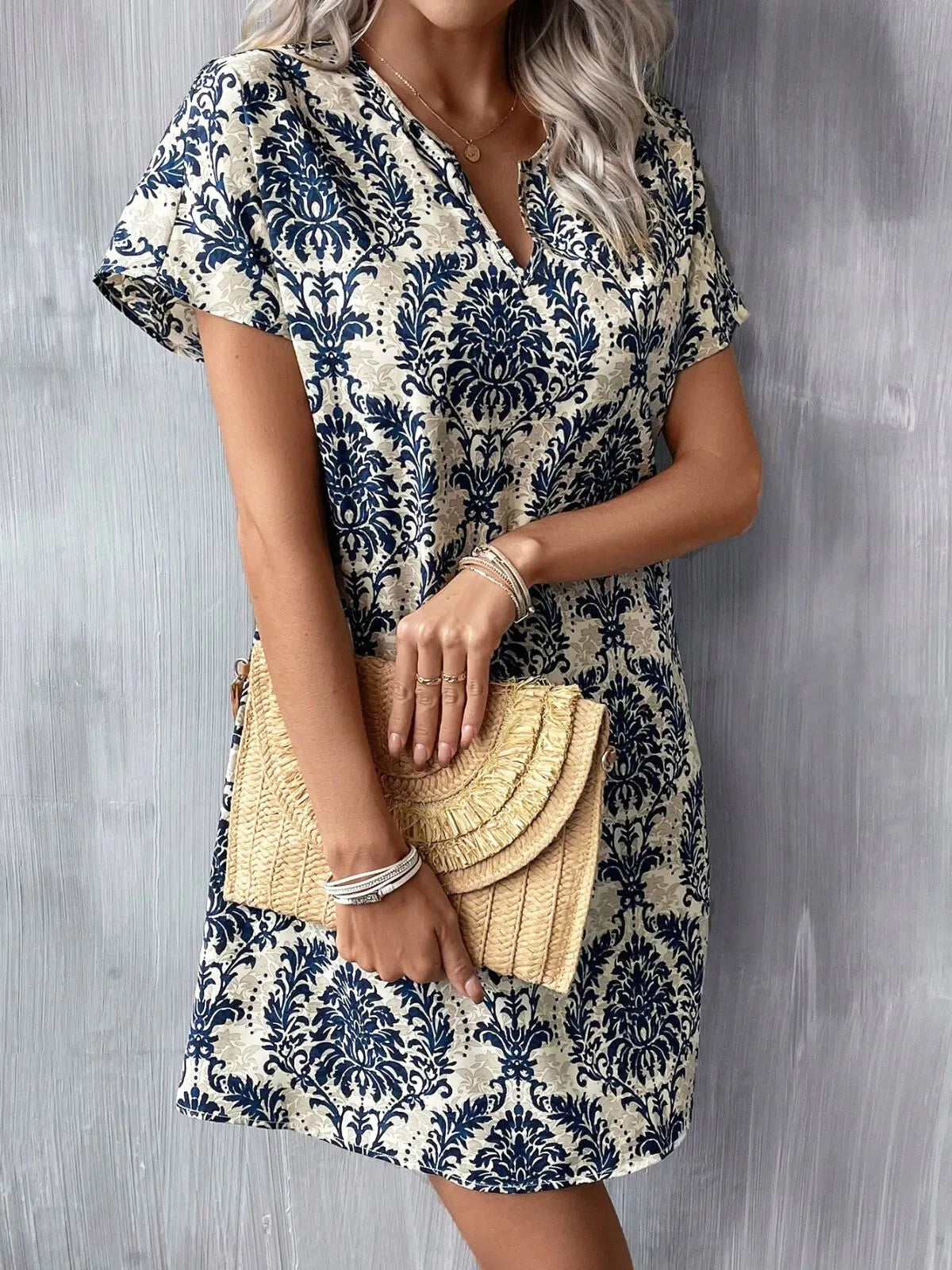 Floral Notched Batwing Sleeve Shift Dress