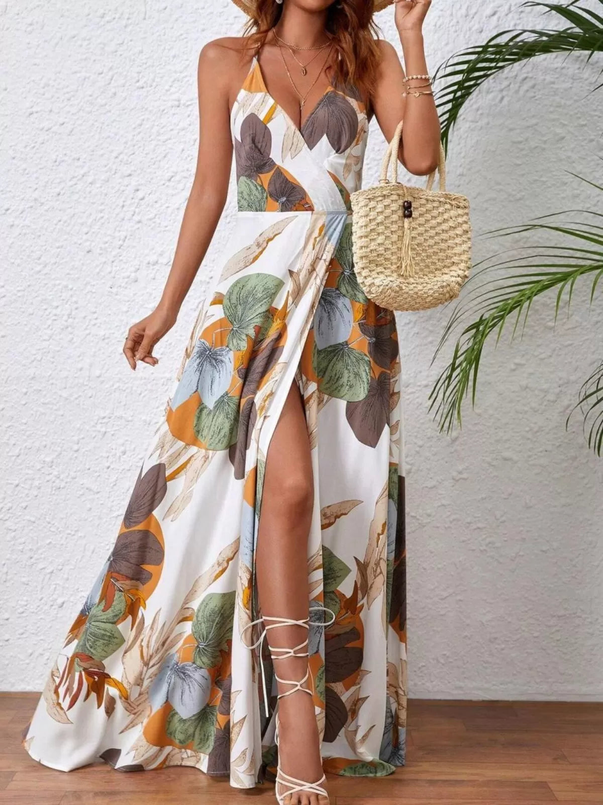 Plants Split Spaghetti Strap A-line Dress
