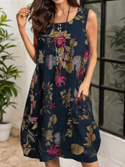 Floral Pocket Scoop Neck Sleeveless Short Shift Dress