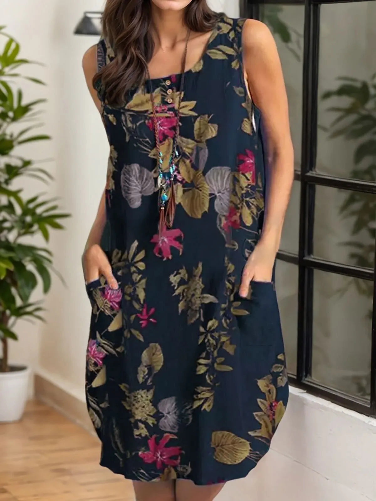 Floral Pocket Scoop Neck Sleeveless Short Shift Dress