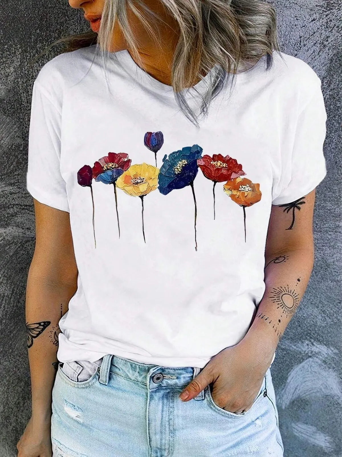 Floral Poppy Casual Crew Neck T-shirt
