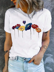 Floral Poppy Casual Crew Neck T-shirt