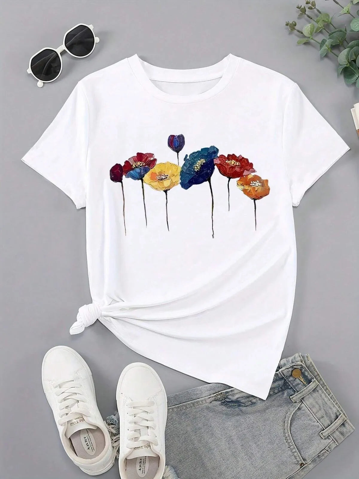 Floral Poppy Casual Crew Neck T-shirt