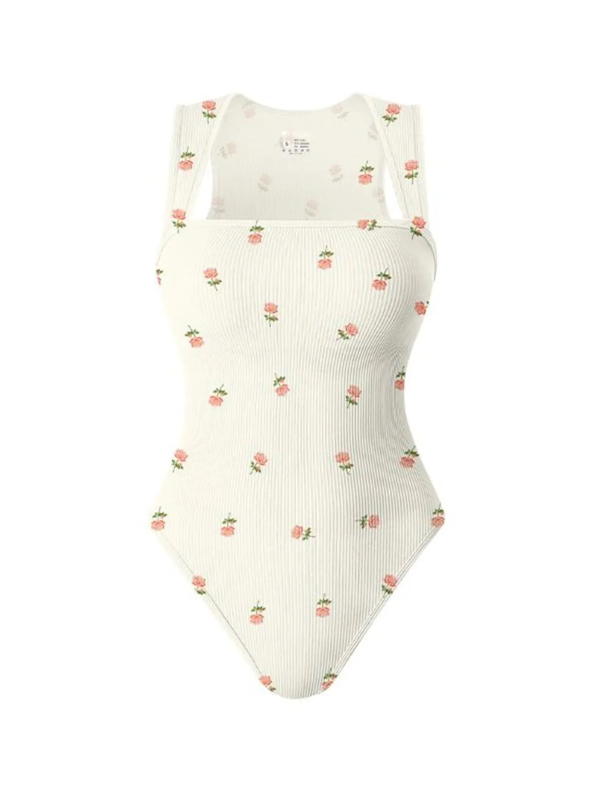 Floral Rose Print Sexy Soft Square Neck Design Stretchy Ribbed Bodysuit