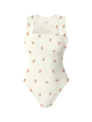 Floral Rose Print Sexy Soft Square Neck Design Stretchy Ribbed Bodysuit