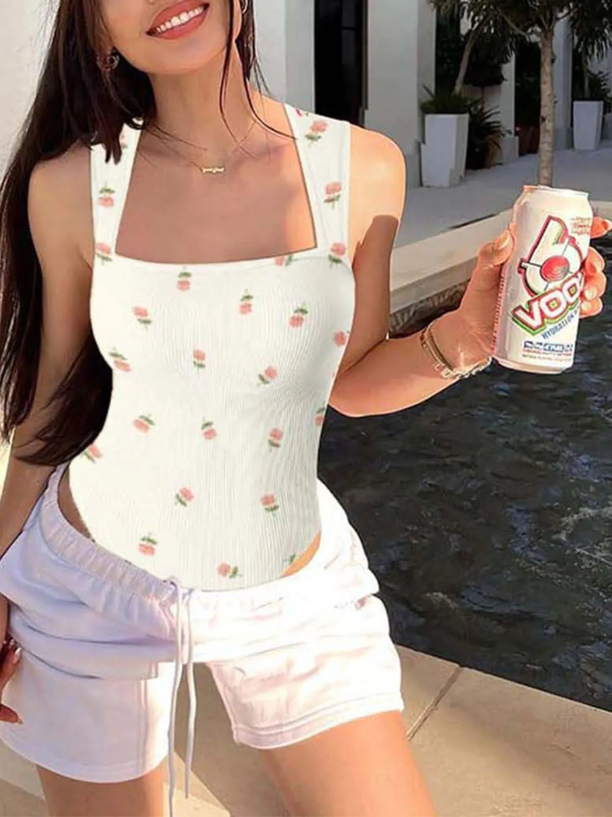 Floral Rose Print Sexy Soft Square Neck Design Stretchy Ribbed Bodysuit