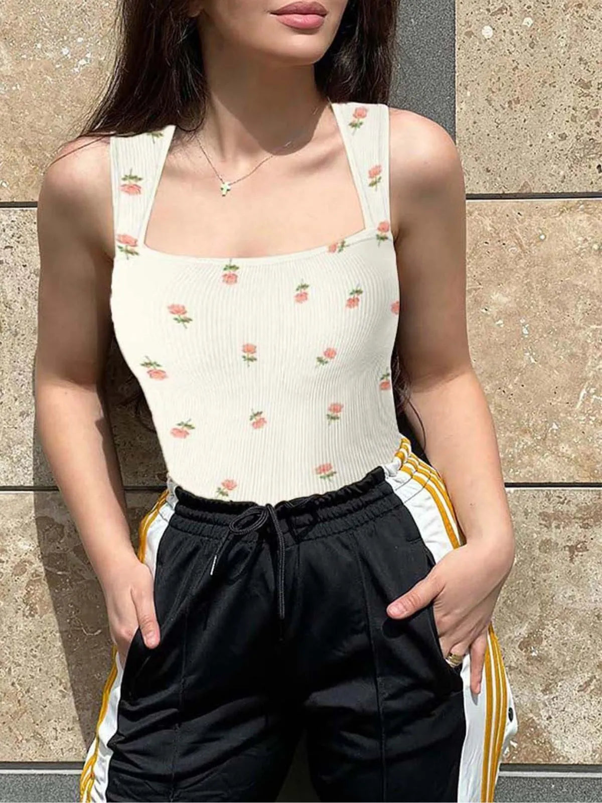 Floral Rose Print Sexy Soft Square Neck Design Stretchy Ribbed Bodysuit