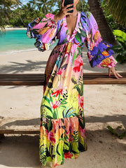 Floral Ruffles Deep V Neck Lantern Flounce Sleeve Maxi Dress