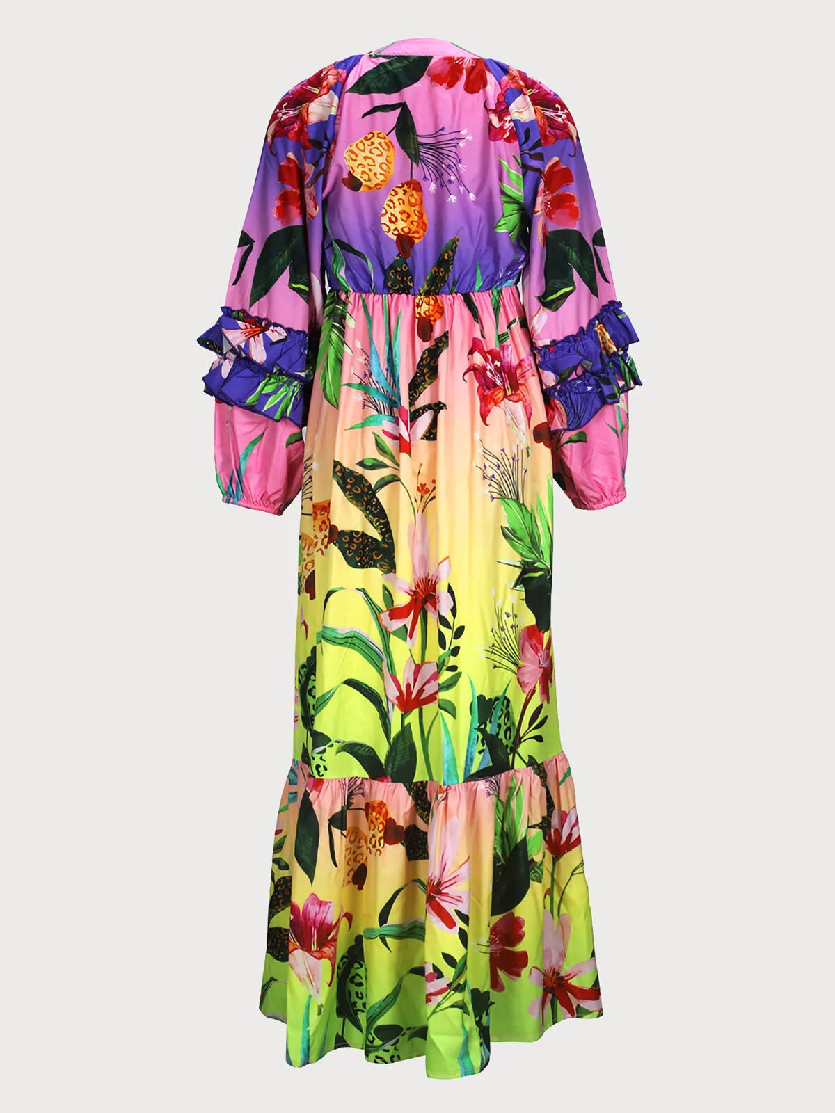 Floral Ruffles Deep V Neck Lantern Flounce Sleeve Maxi Dress