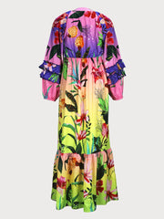 Floral Ruffles Deep V Neck Lantern Flounce Sleeve Maxi Dress