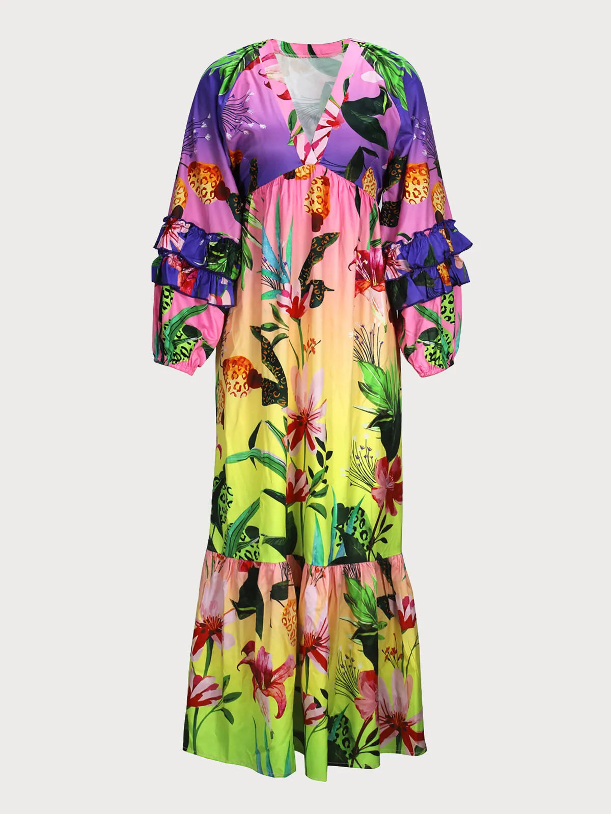 Floral Ruffles Deep V Neck Lantern Flounce Sleeve Maxi Dress