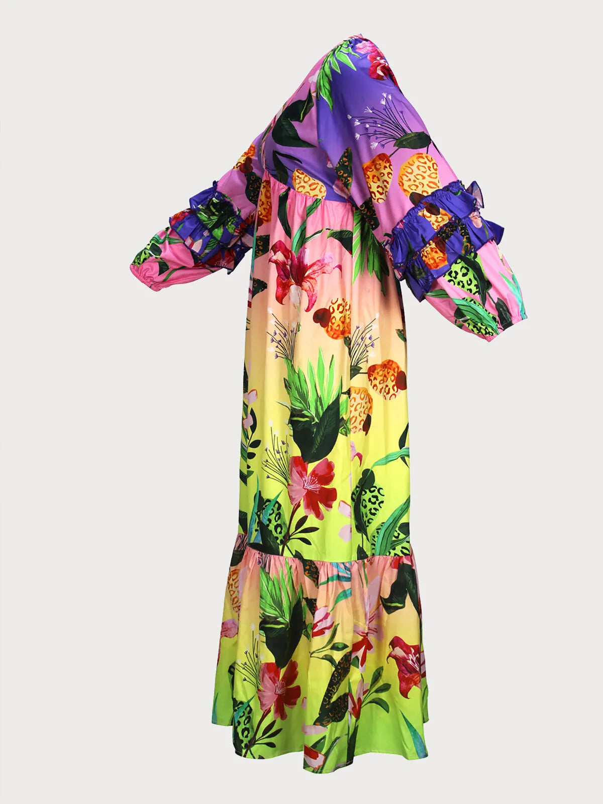 Floral Ruffles Deep V Neck Lantern Flounce Sleeve Maxi Dress