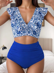 Floral Ruffles High Rise V-neck Tankini