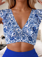 Floral Ruffles High Rise V-neck Tankini