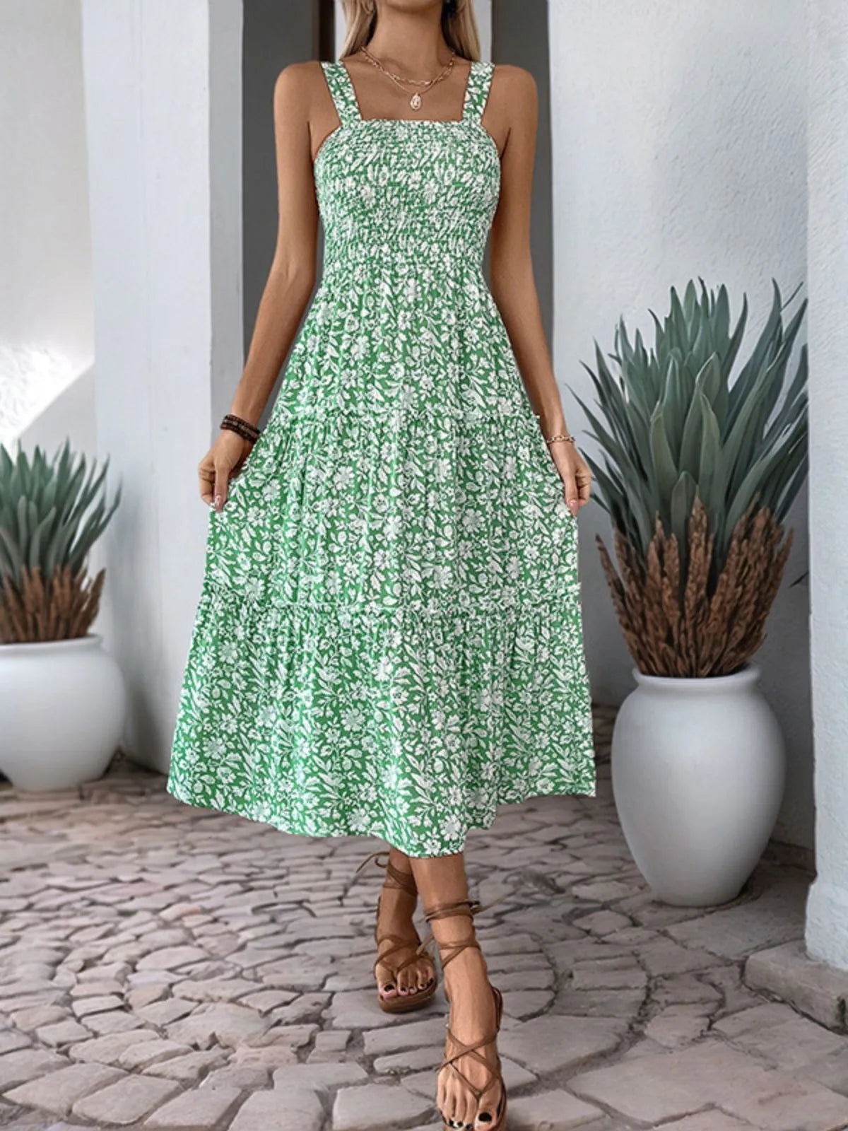 Floral Elegant Ruffles Spaghetti Strap A-line Dress
