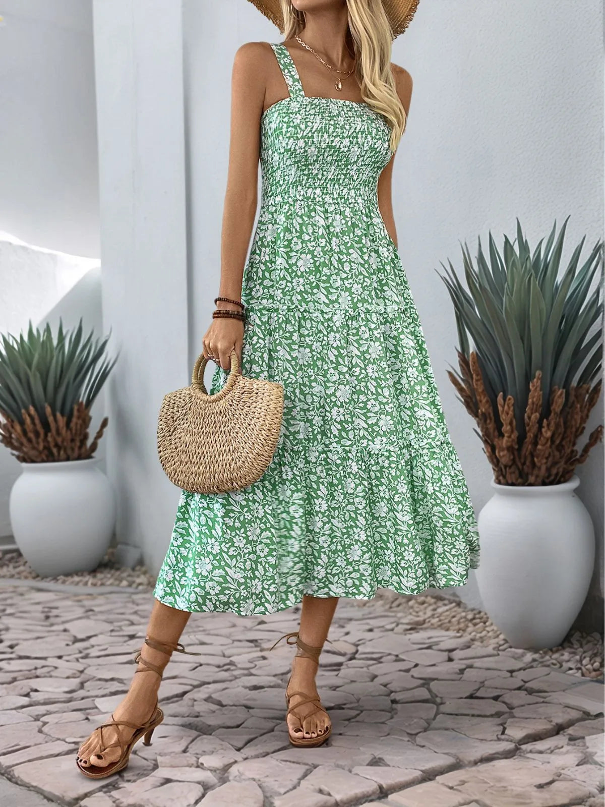Floral Elegant Ruffles Spaghetti Strap A-line Dress