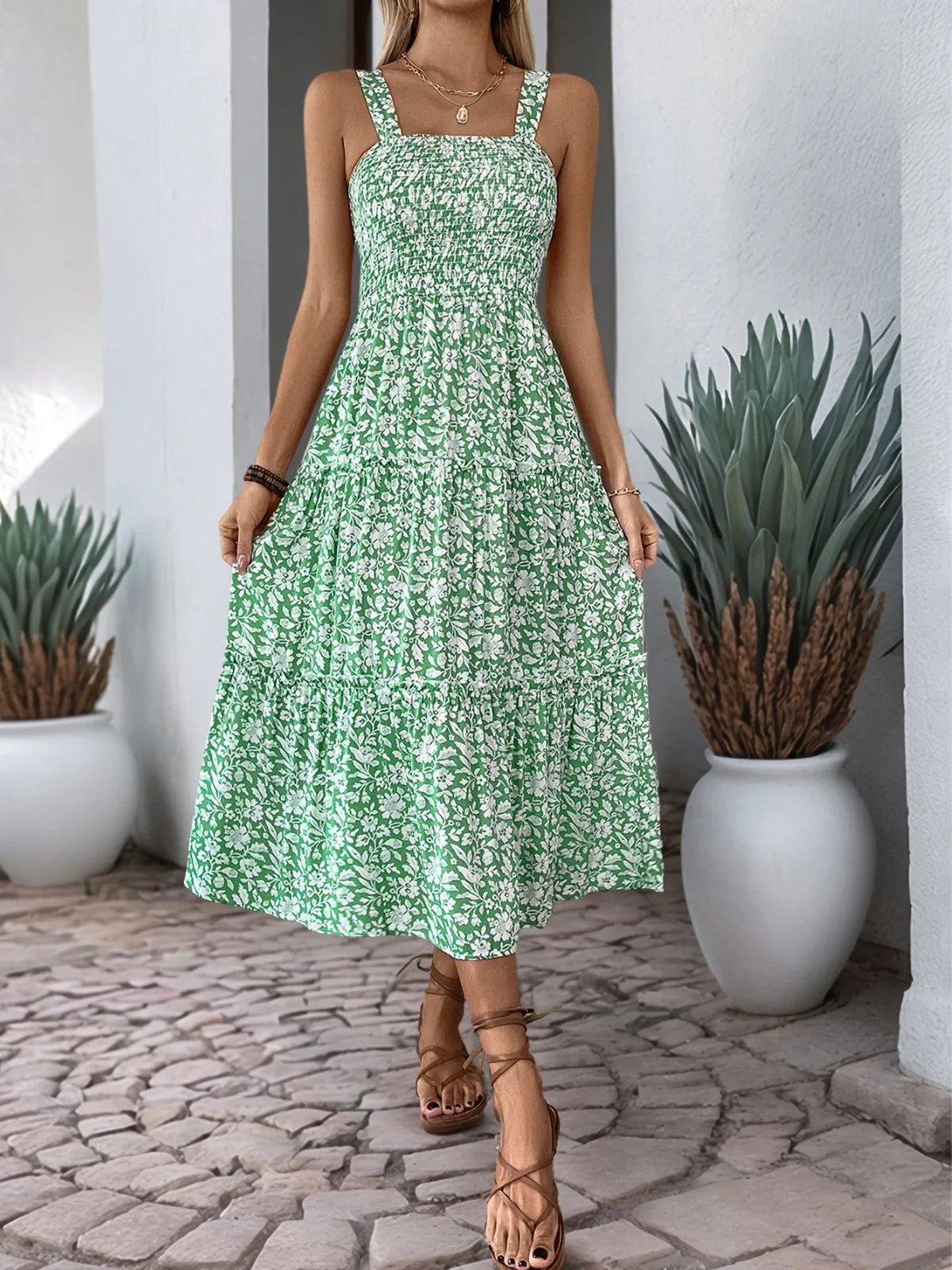 Floral Elegant Ruffles Spaghetti Strap A-line Dress