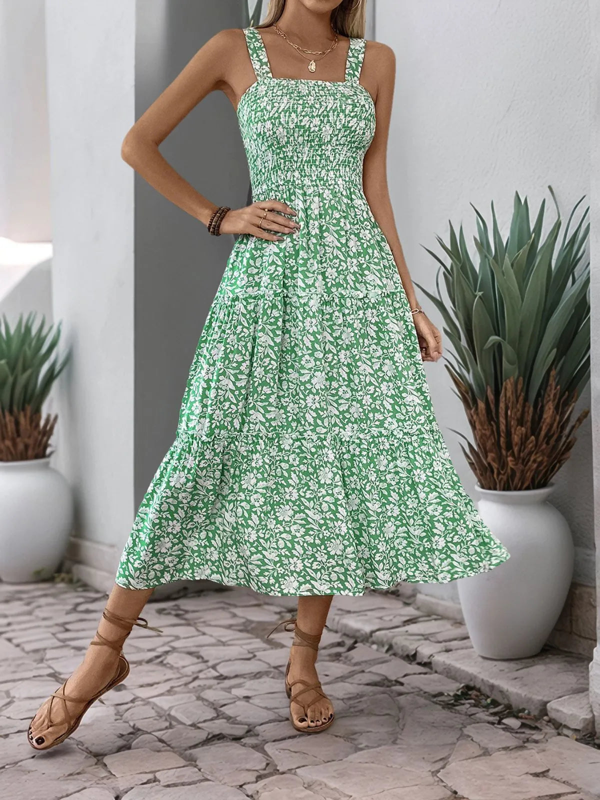 Floral Elegant Ruffles Spaghetti Strap A-line Dress