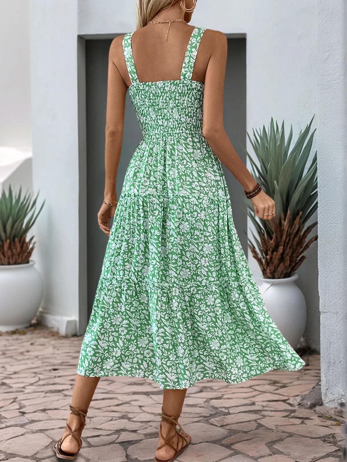 Floral Elegant Ruffles Spaghetti Strap A-line Dress