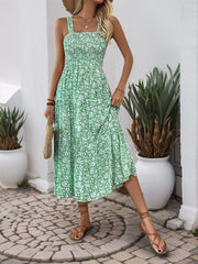 Floral Elegant Ruffles Spaghetti Strap A-line Dress