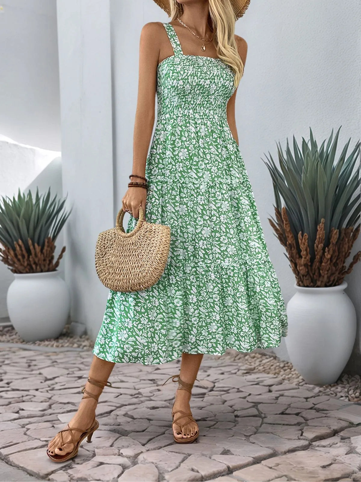 Floral Elegant Ruffles Spaghetti Strap A-line Dress
