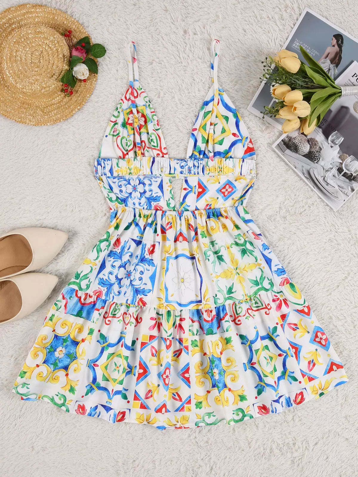 Floral Cut Out Spaghetti Strap Skater Dress