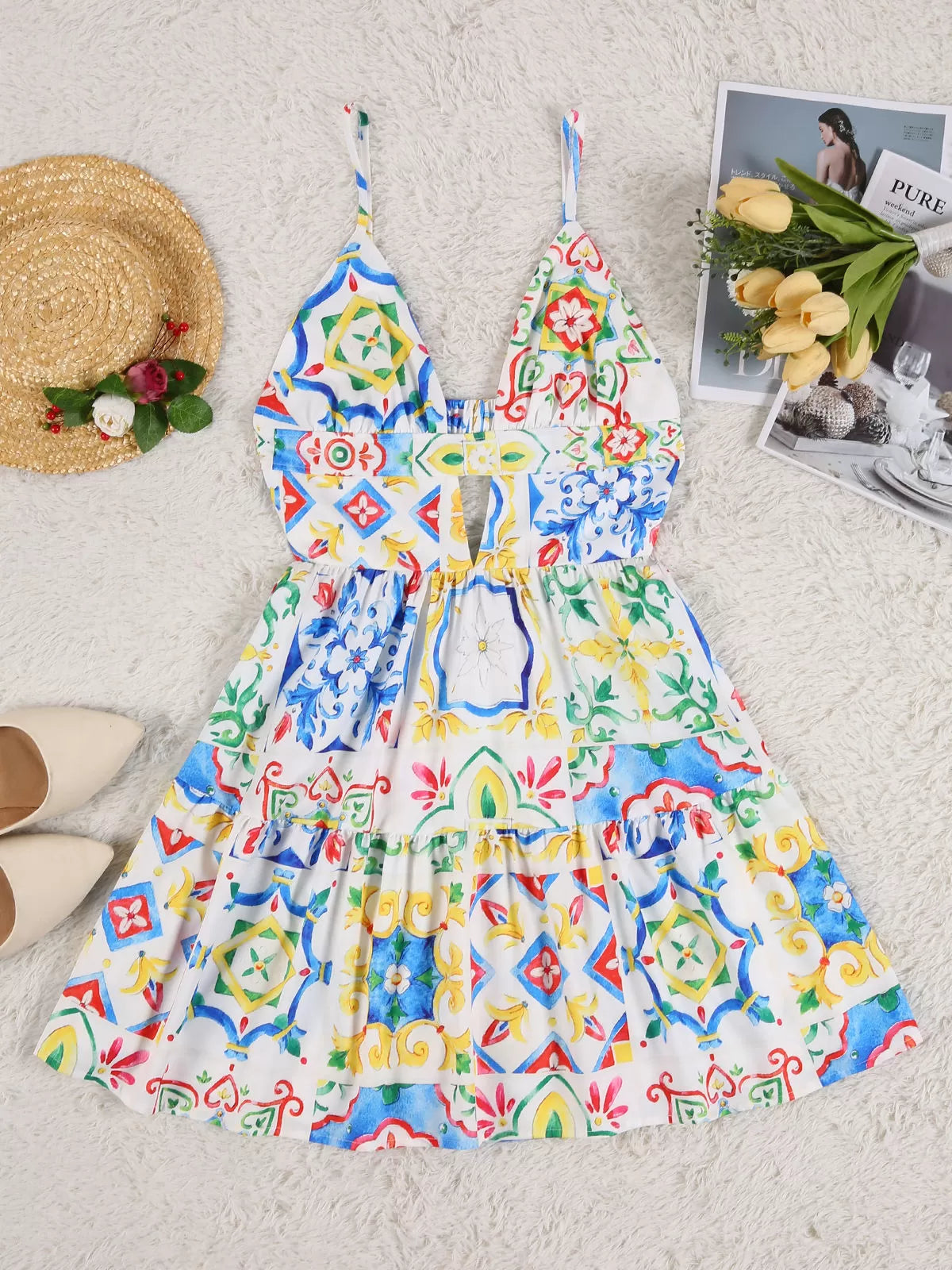 Floral Cut Out Spaghetti Strap Skater Dress