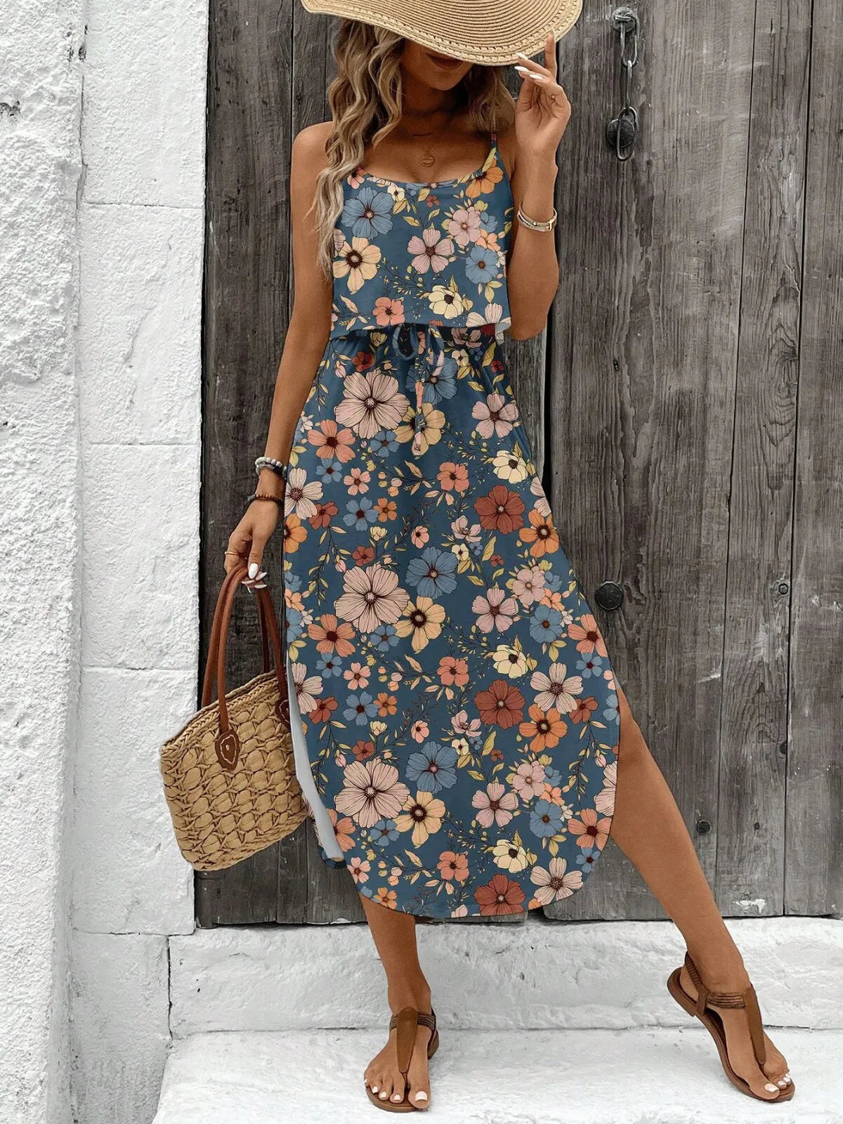 Floral Spaghetti Strap Slit Shift Dress