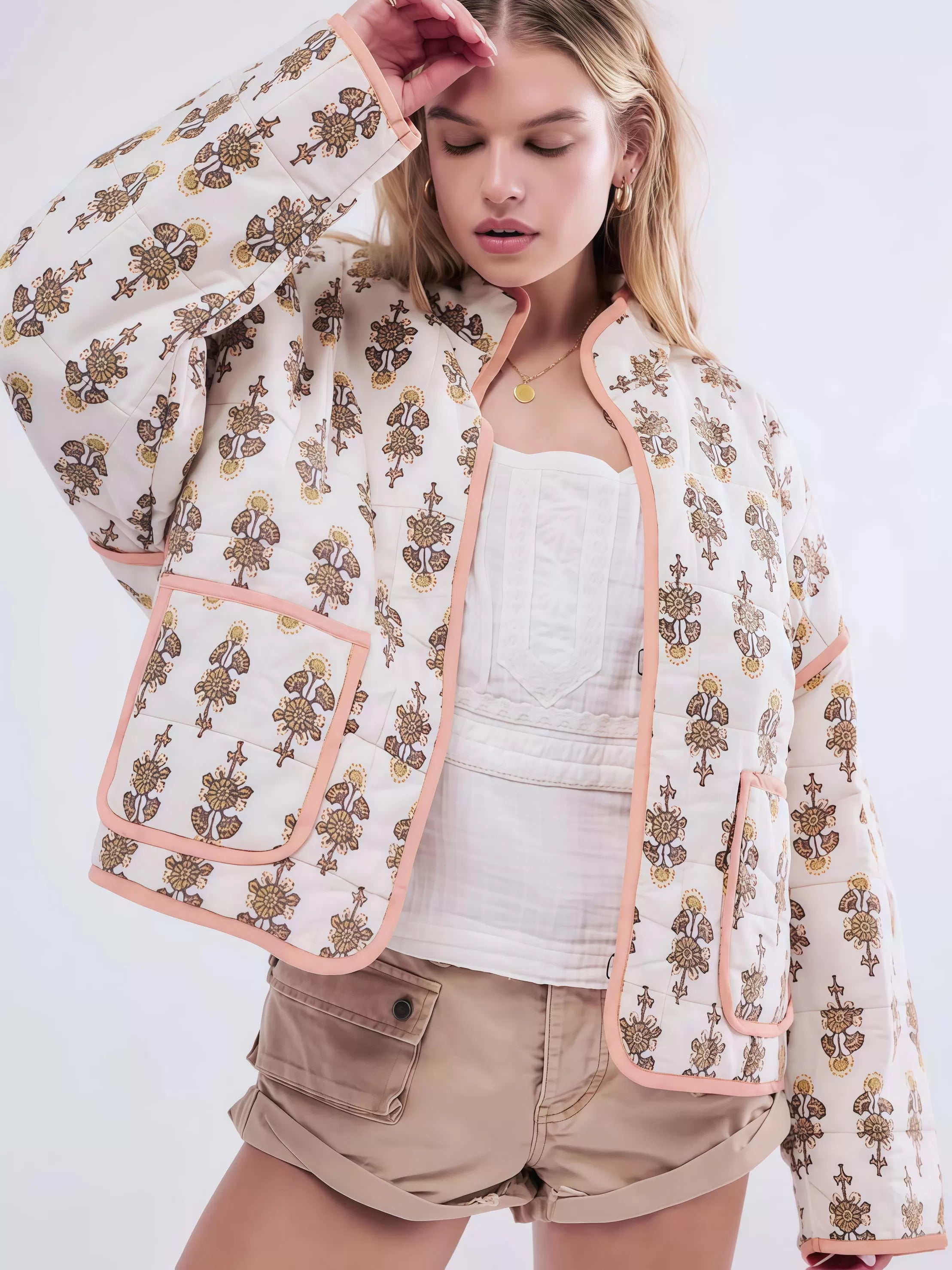 Floral Stand Collar Outwear Coat