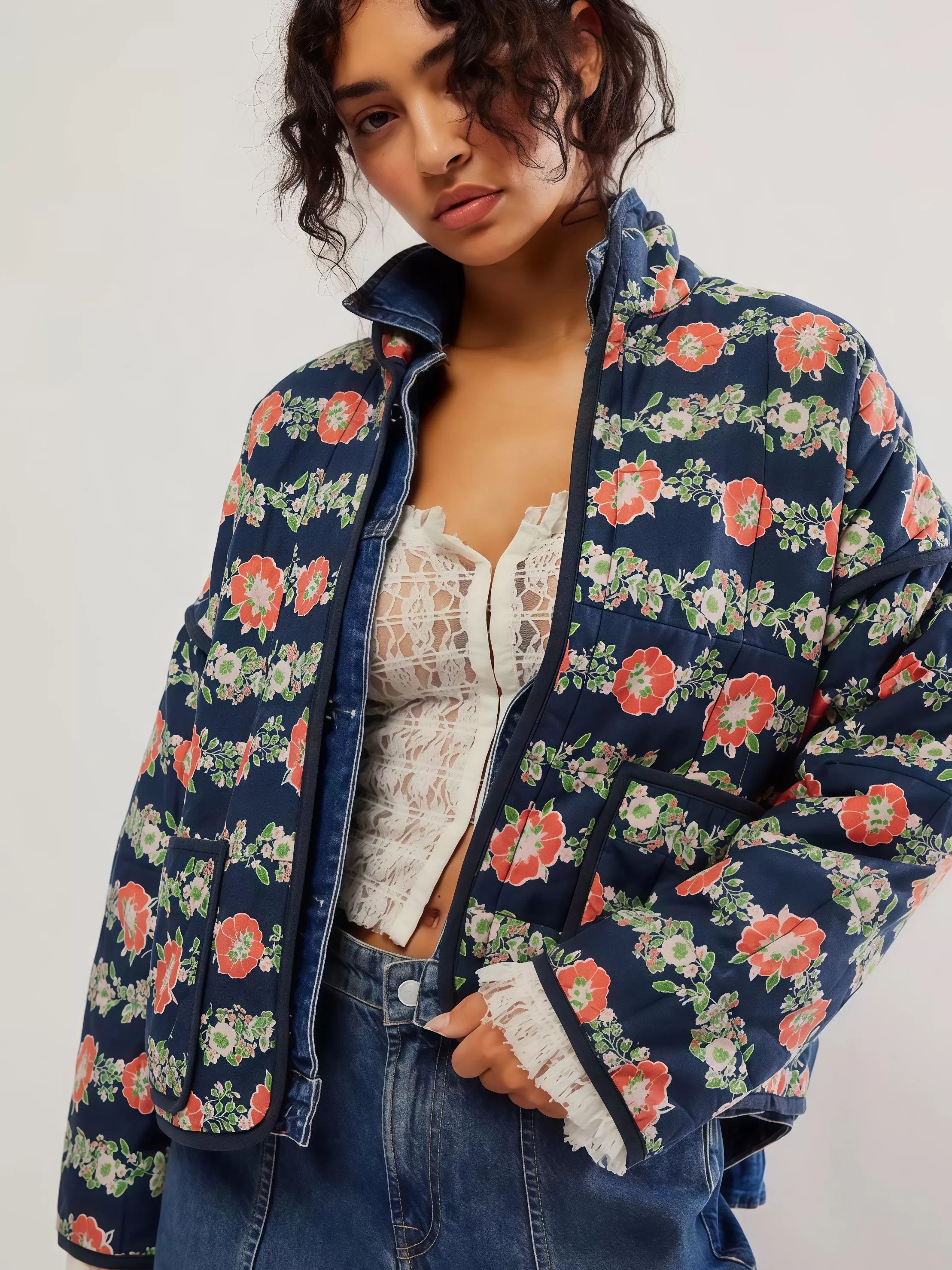 Floral Stand Collar Outwear Coat